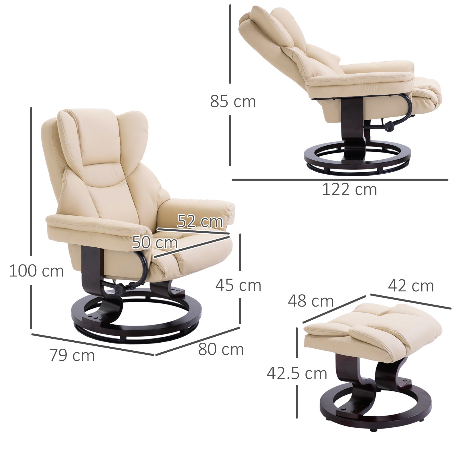 HOMCOM 360° Swivel Recliner Chair with Footstool, PU Leather Manual Recliner Armchair with Solid Wood Base, Upholstered Reclining Chair for Living Room, Bedroom, Office, Cream